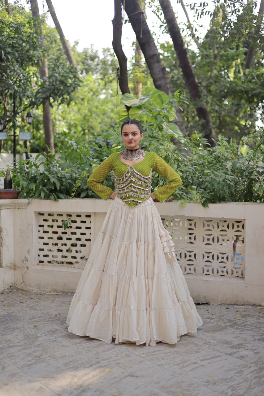 Designer Kora Cotton Lehenga with 12 Meter Flair & Leheriya Print Mirror Work Blouse