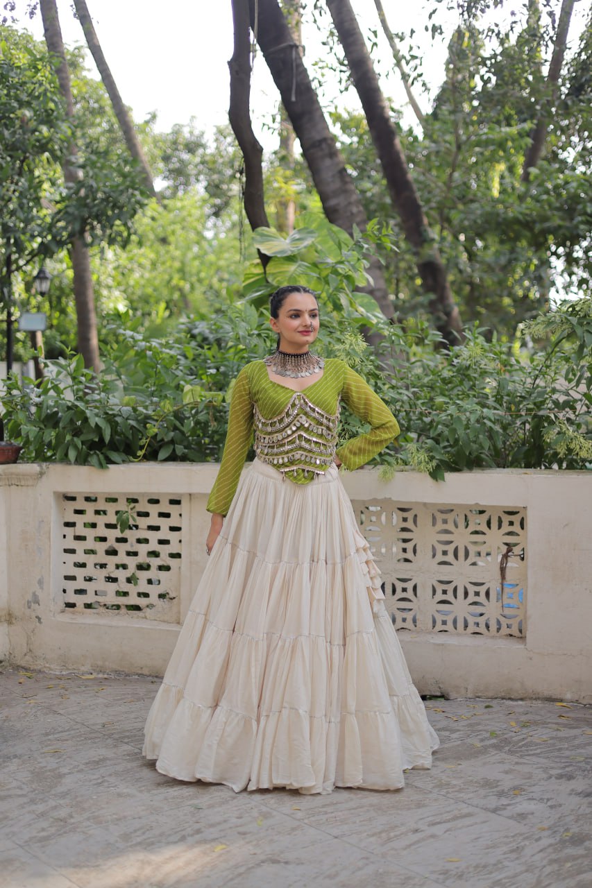 Designer Kora Cotton Lehenga with 12 Meter Flair & Leheriya Print Mirror Work Blouse