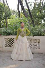 Designer Kora Cotton Lehenga with 12 Meter Flair & Leheriya Print Mirror Work Blouse