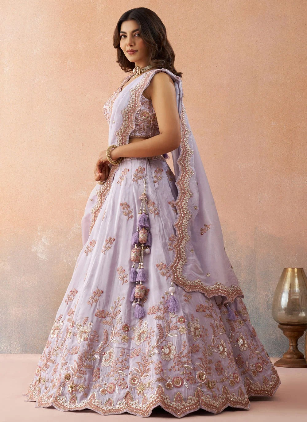 Designer wedding lehenga in lavender with sequins embroidery