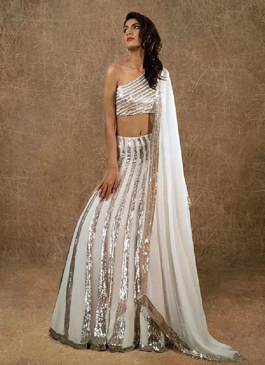 Designer Look Georgette Base Party Wear White Lehenga Choli