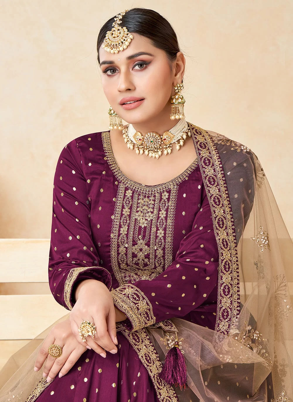 Designer magenta taffeta heavy embroidered anarkali suit