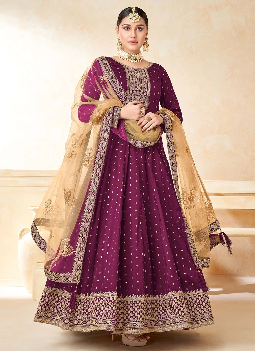 Designer magenta taffeta heavy embroidered anarkali suit