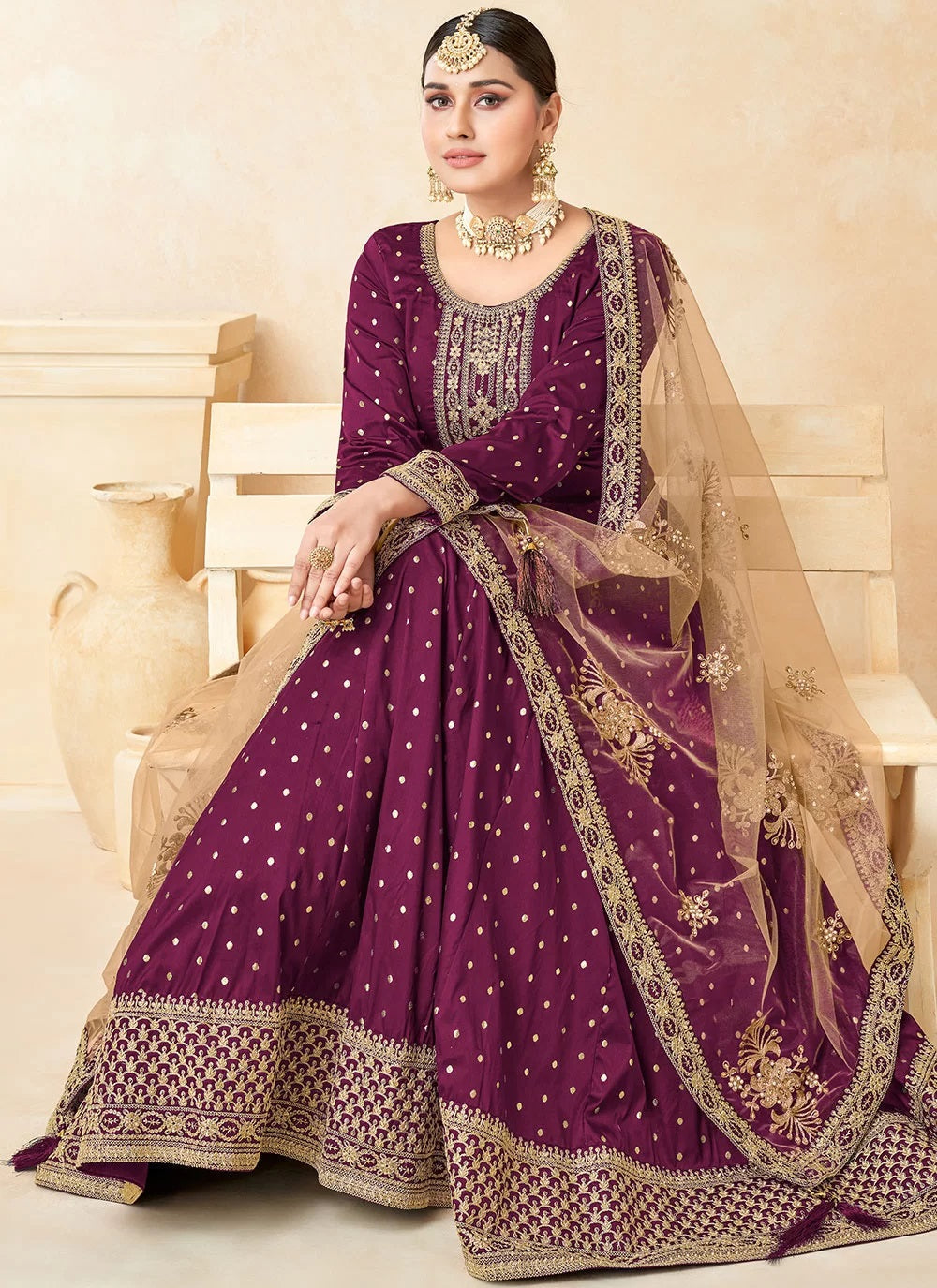 Designer magenta taffeta heavy embroidered anarkali suit