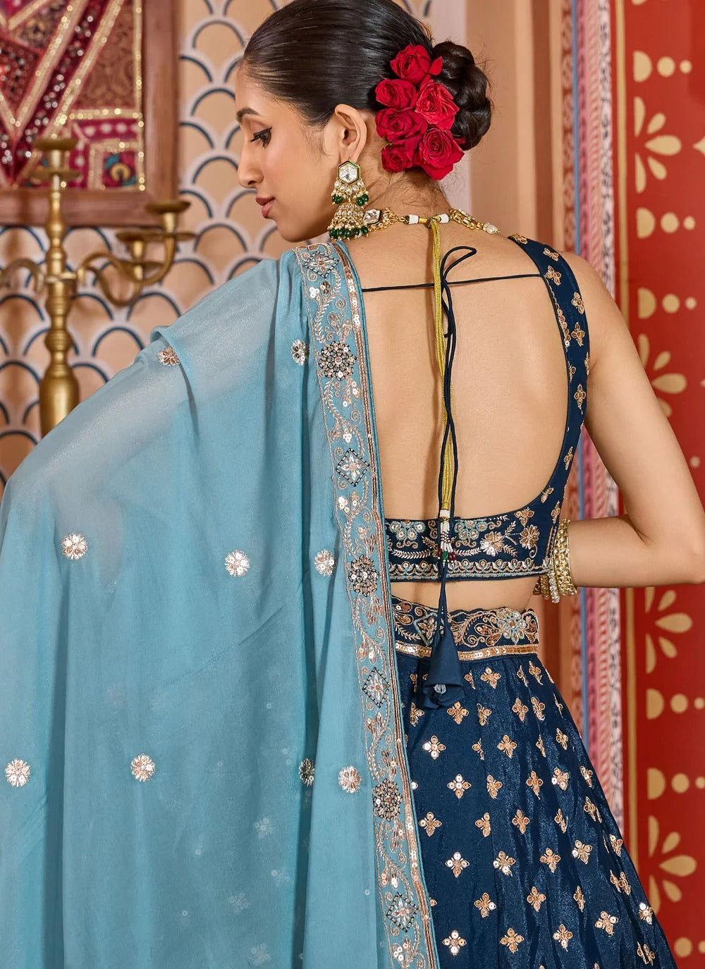 Majestic navy blue reception lehenga in tissue silk with zari sequins embroidery