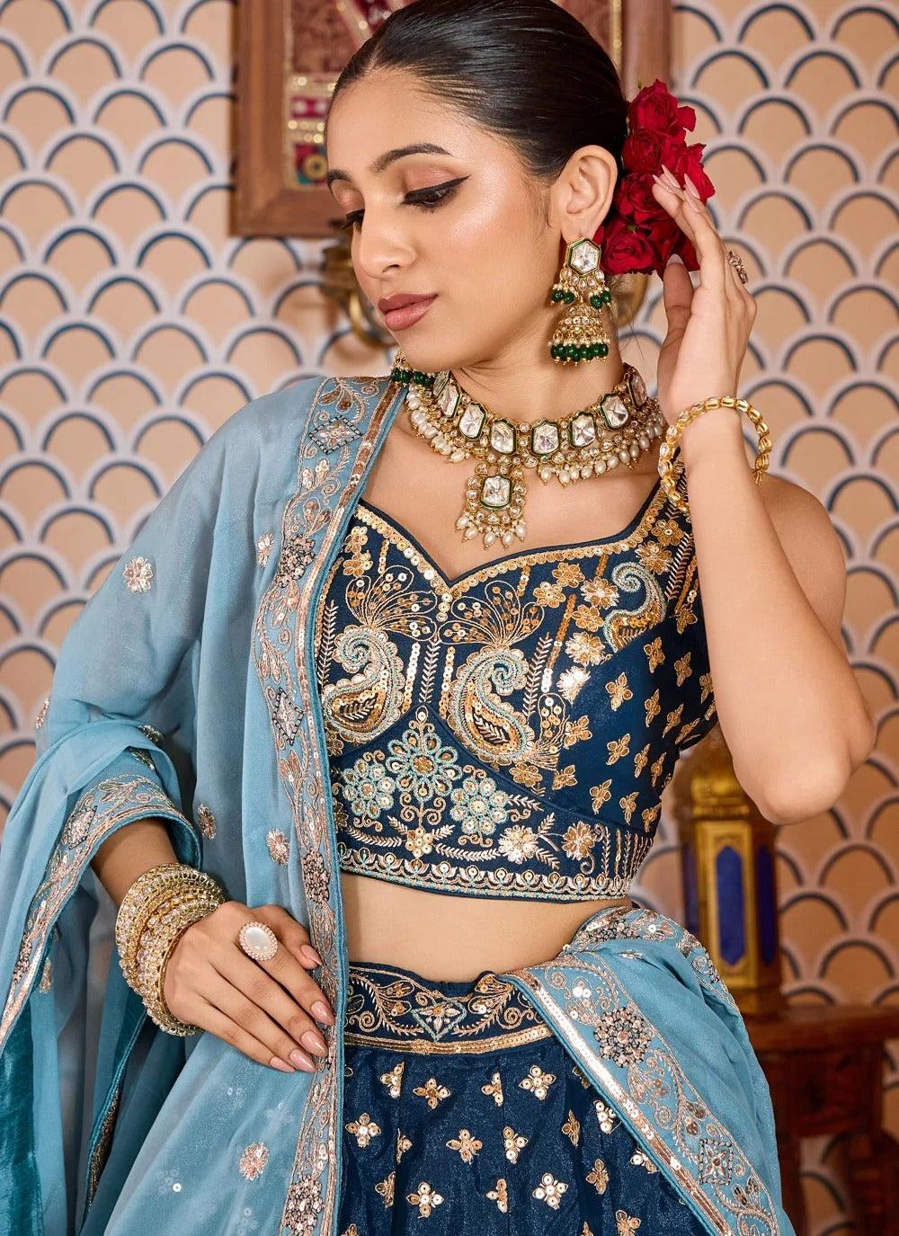 Majestic navy blue reception lehenga in tissue silk with zari sequins embroidery