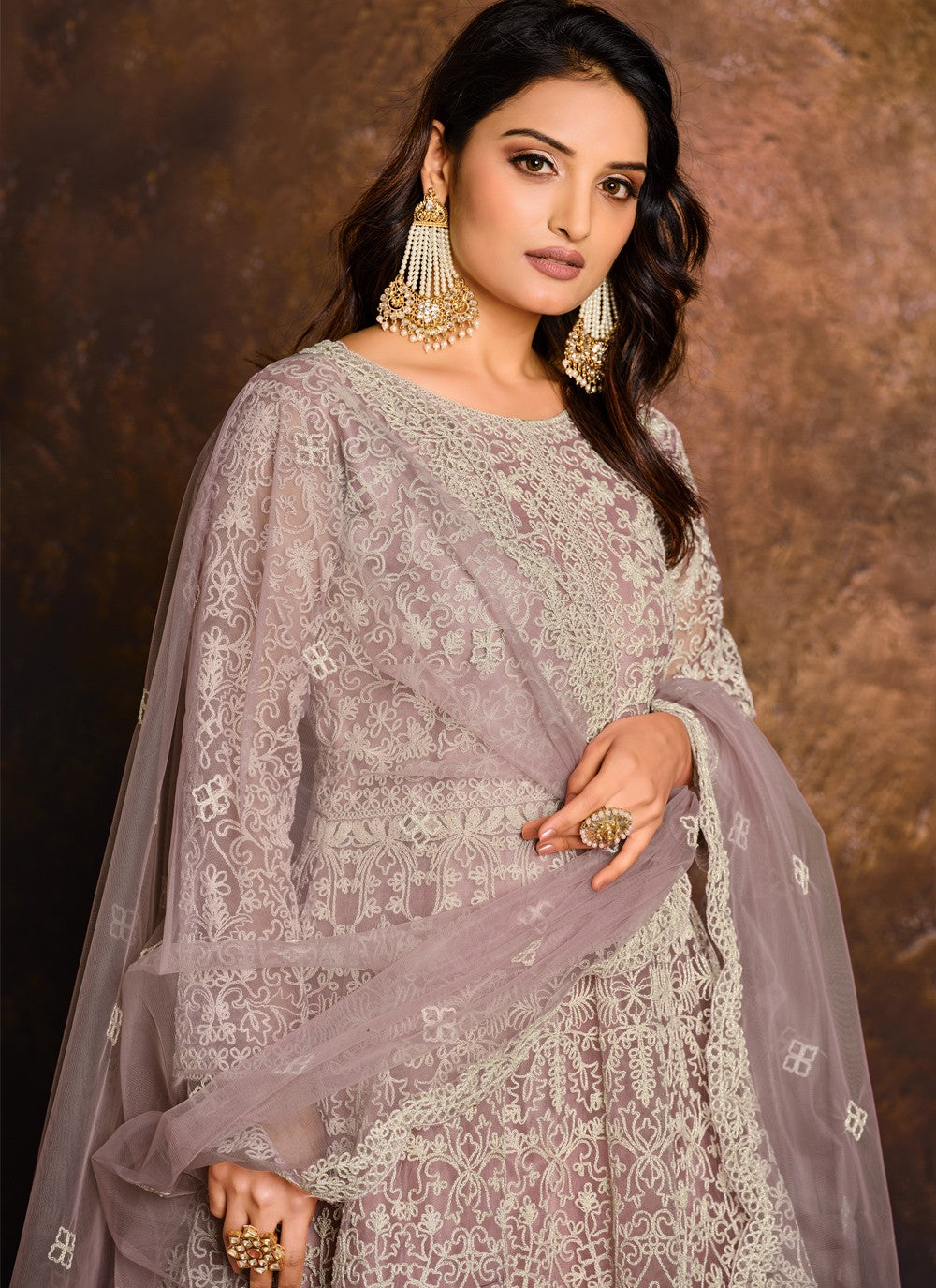 Designer net anarkali salwar suit in lavender