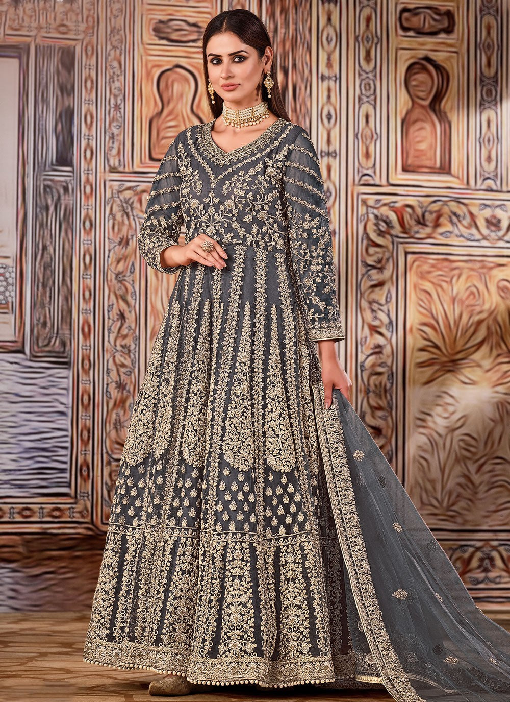 Designer net heavy embroidery anarkali suit in grey
