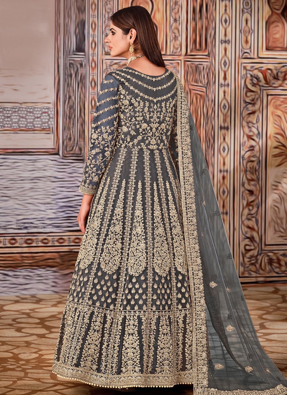 Designer net heavy embroidery anarkali suit in grey