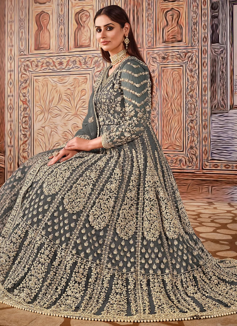 Designer net heavy embroidery anarkali suit in grey
