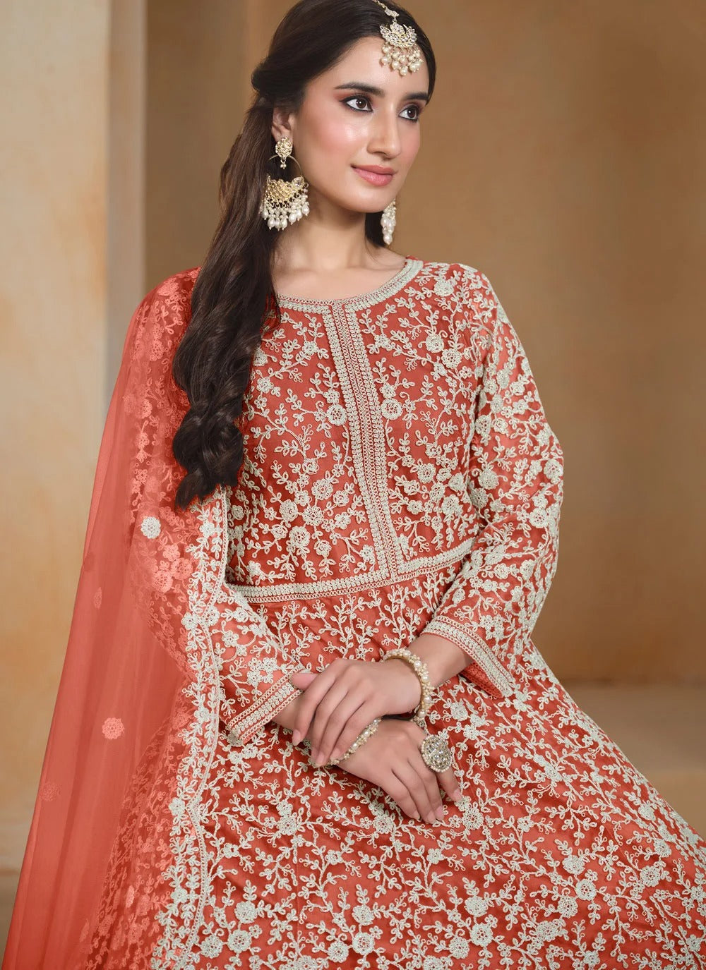 Wedding guest anarkali suit in orange with thread embroidery