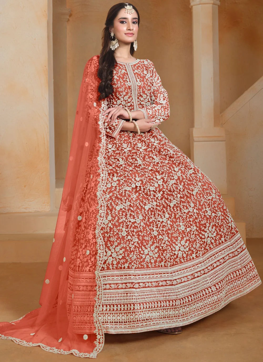 Wedding guest anarkali suit in orange with thread embroidery