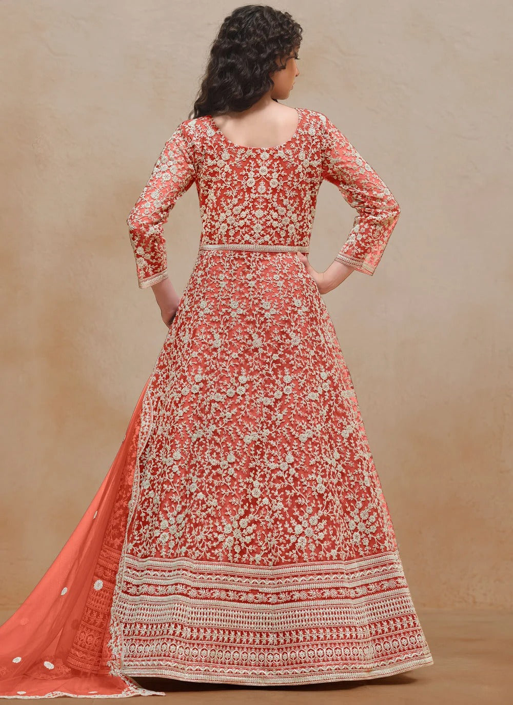 Wedding guest anarkali suit in orange with thread embroidery