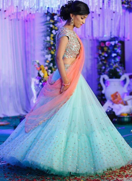 Designer Party Wear Net Base Blue Lehenga Choli