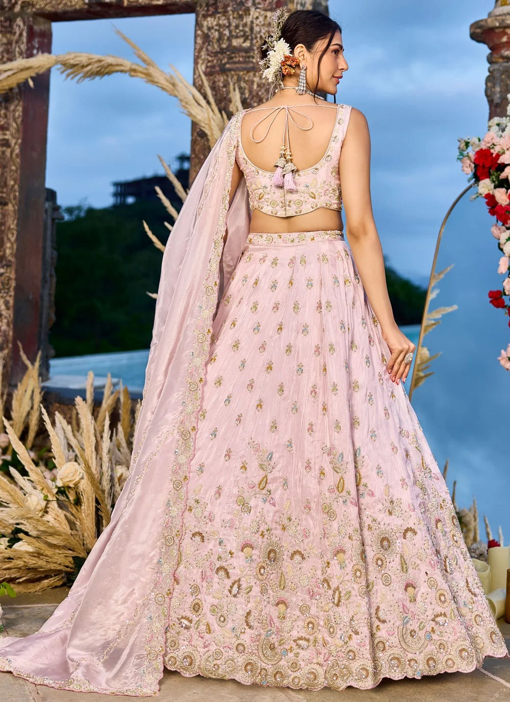 Pink tissue engagement lehenga with sequins coding embroidery work