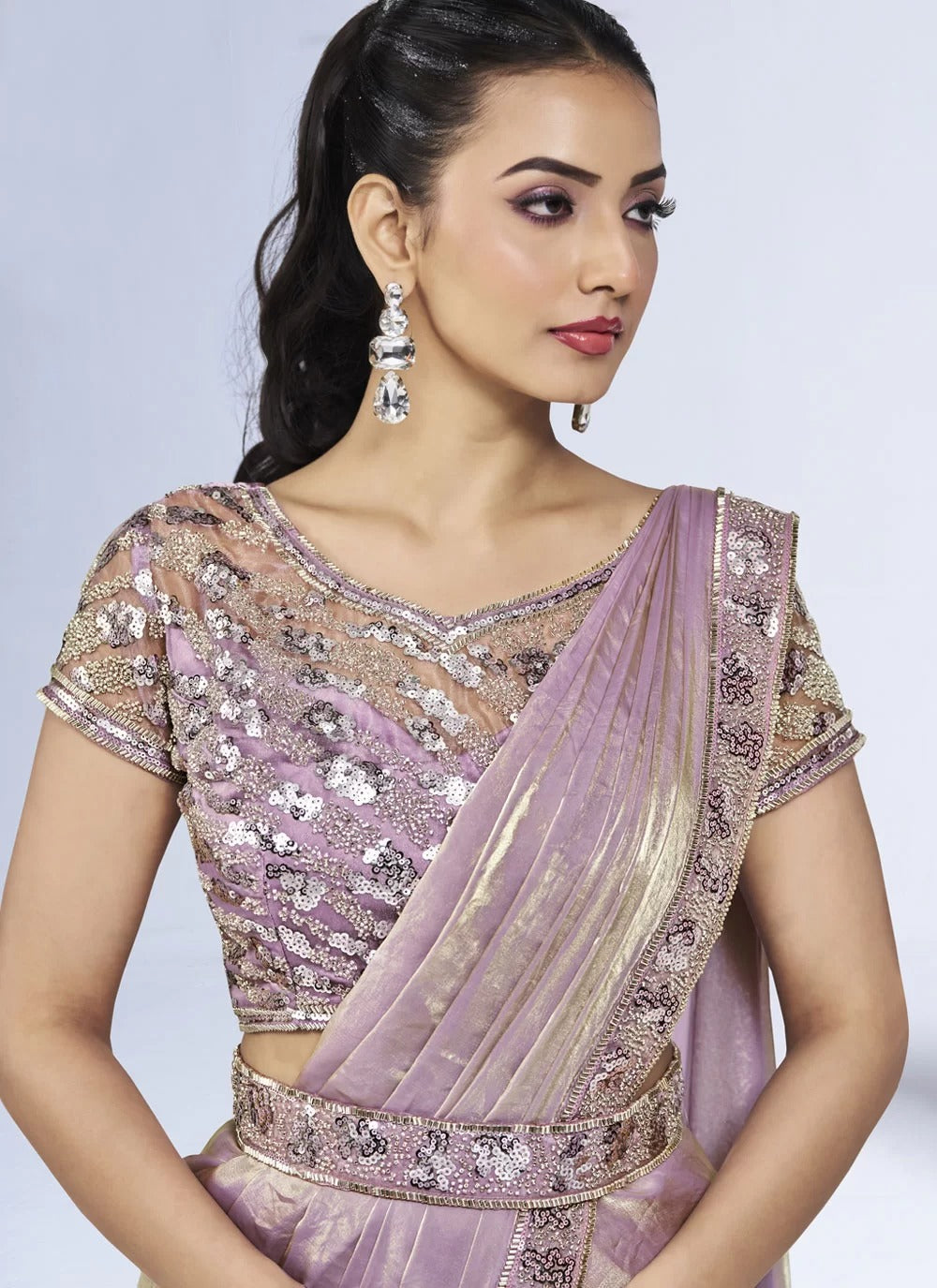 Ethereal lavender satin silk ready to wear one minute saree with handwork