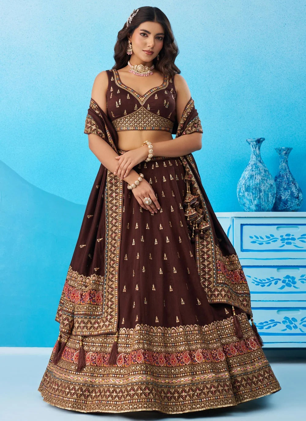 Designer reception lehenga in coffee chinnon silk