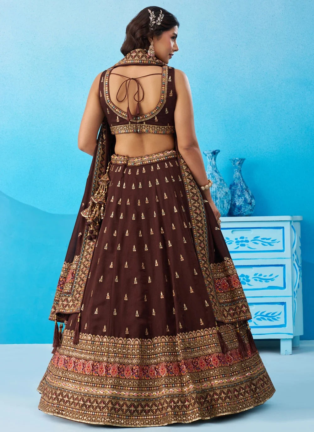 Designer reception lehenga in coffee chinnon silk