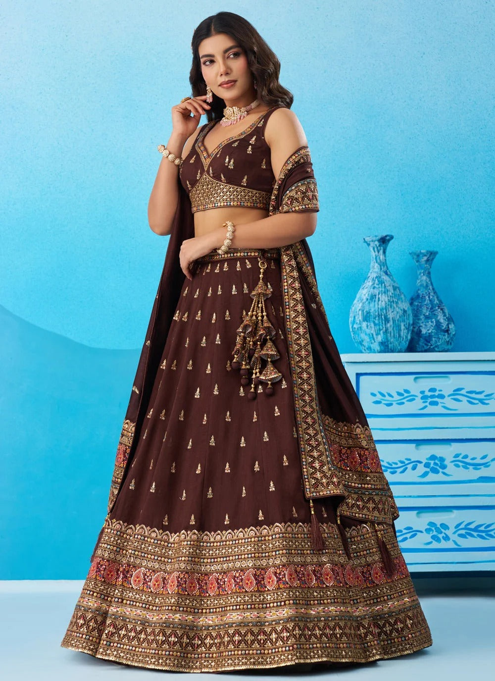 Designer reception lehenga in coffee chinnon silk