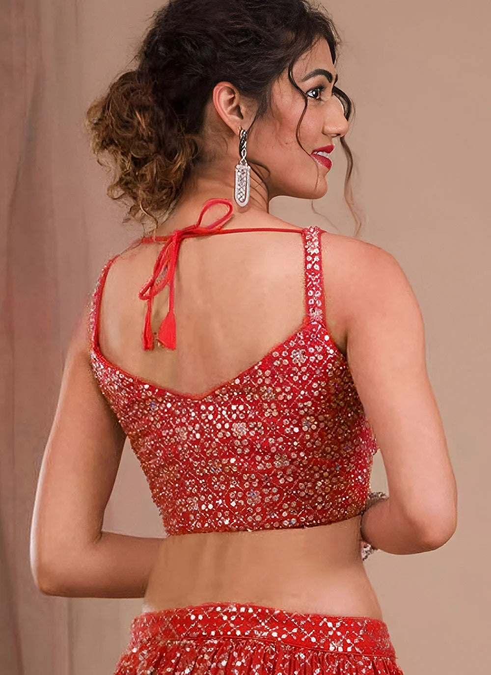 Red georgette wedding guest lehenga with zari sequins embroidery