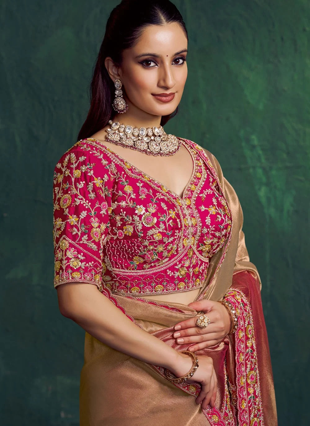 Designer rose gold party wear saree in kora zari tissue silk