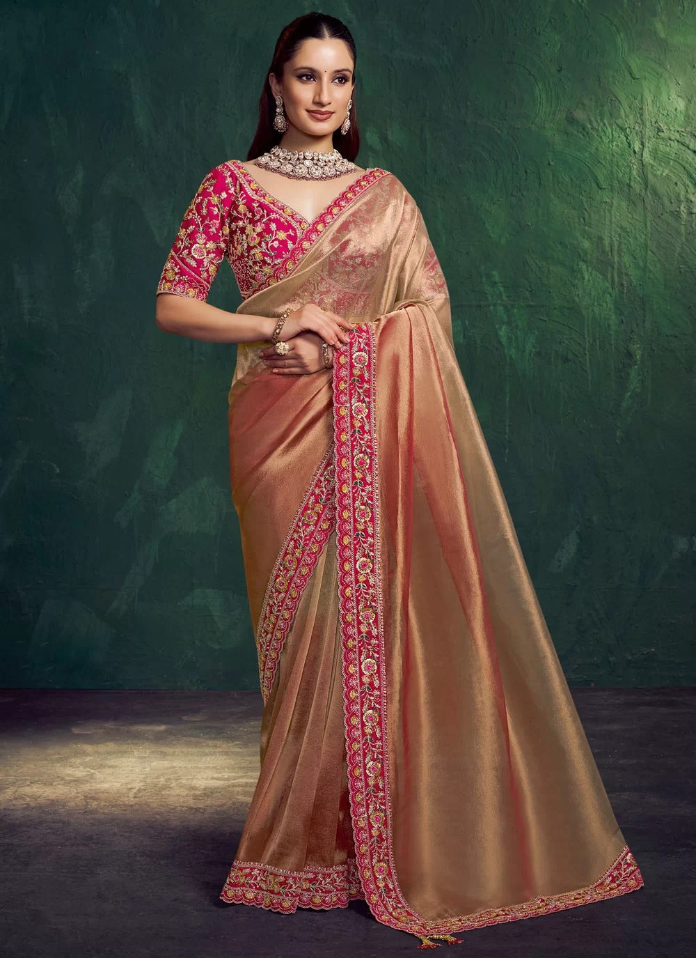 Designer rose gold party wear saree in kora zari tissue silk