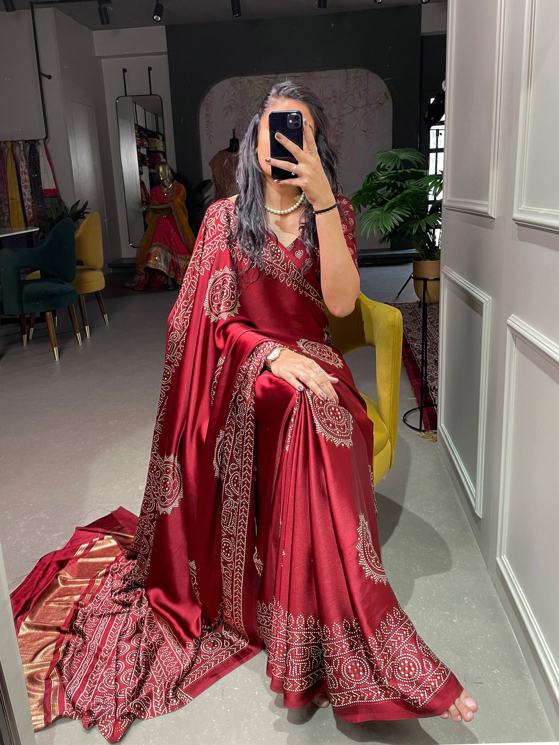 Maroon Color Printed And Foil Work Semi Gaji Satin Saree