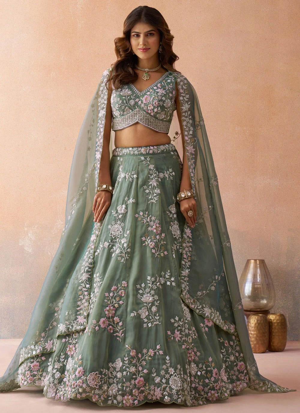 Designer sea green engagement lehenga with sequins embroidery