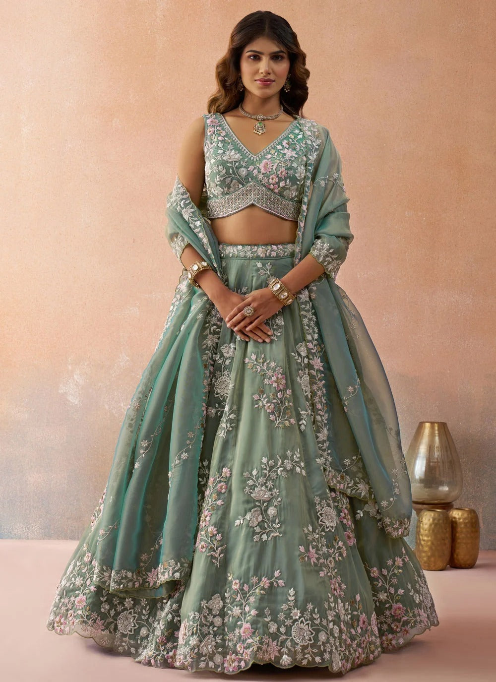 Designer sea green engagement lehenga with sequins embroidery