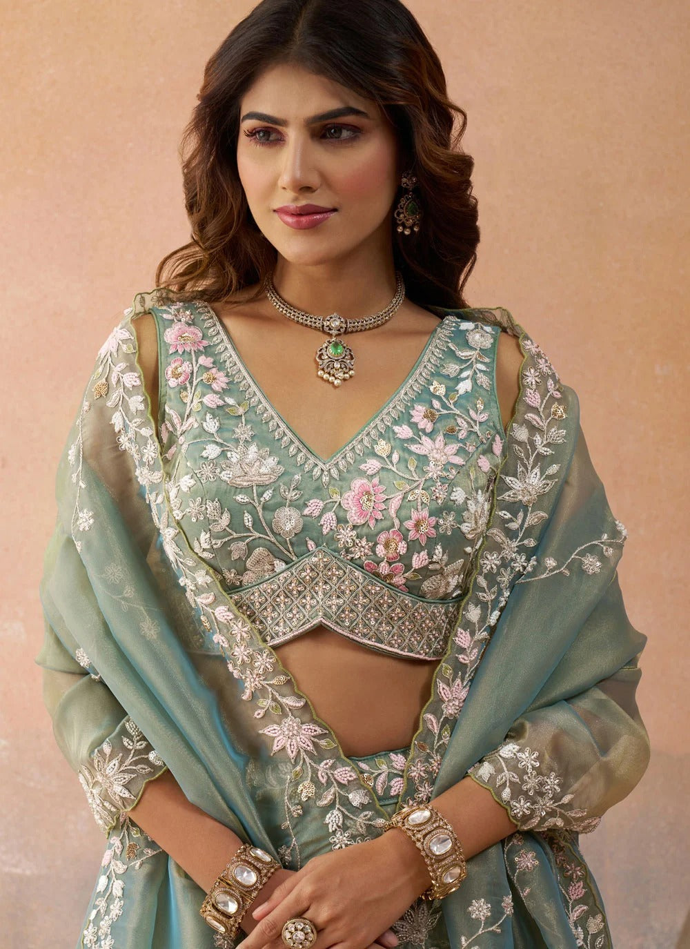 Designer sea green engagement lehenga with sequins embroidery