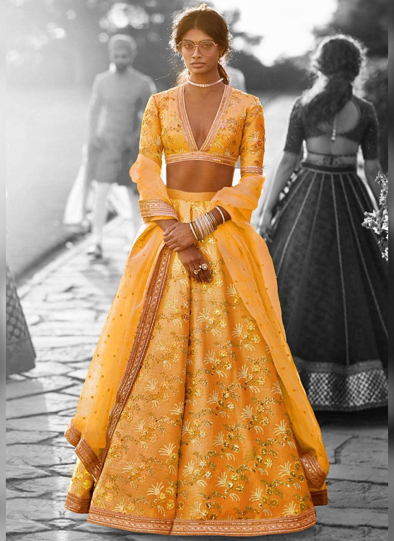 Designer Silk Base Mustered Yellow Color Embroidery Work Lehenga Choli