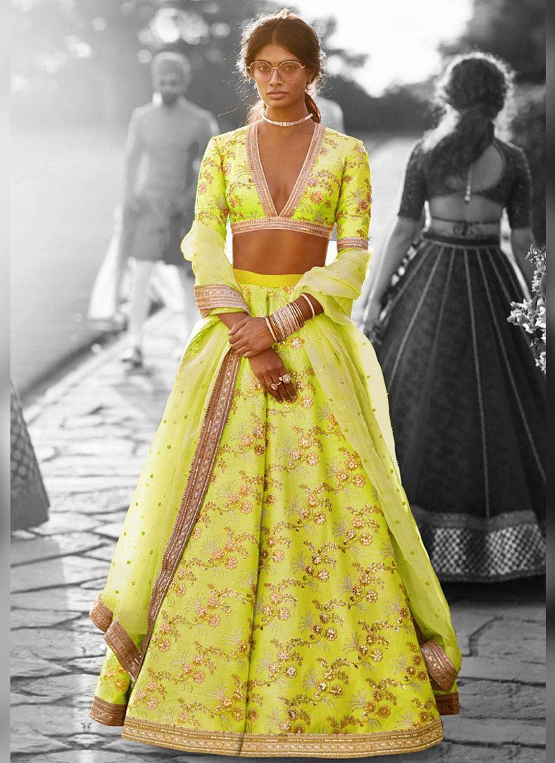 Designer Silk Base Neon Green Color Embroidery Work Lehenga Choli