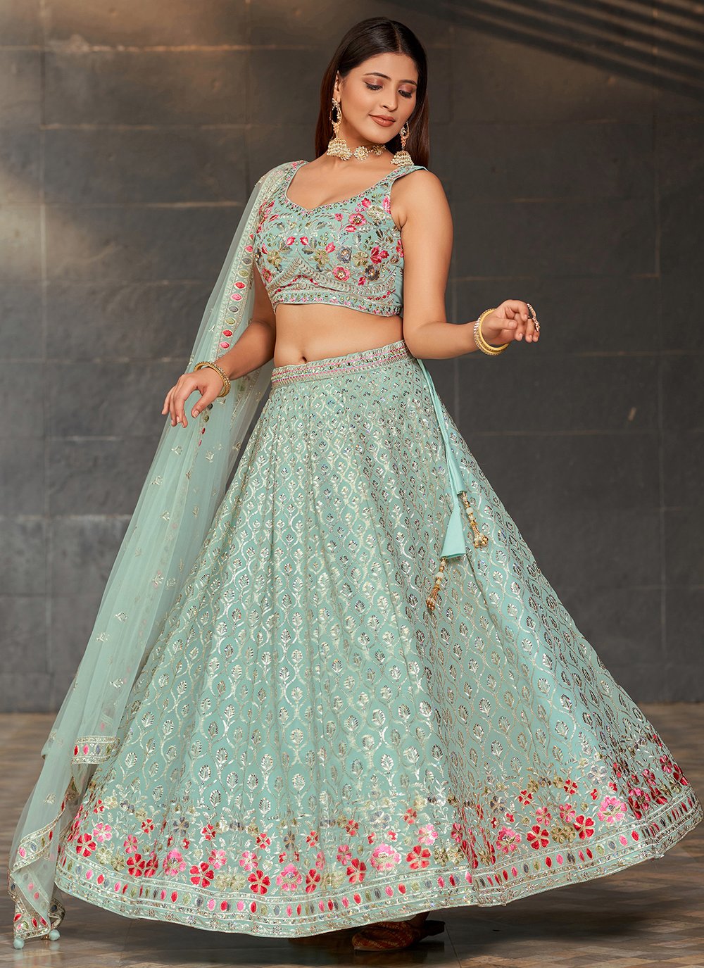 Designer sky blue georgette lehenga with sequins zari mirror work