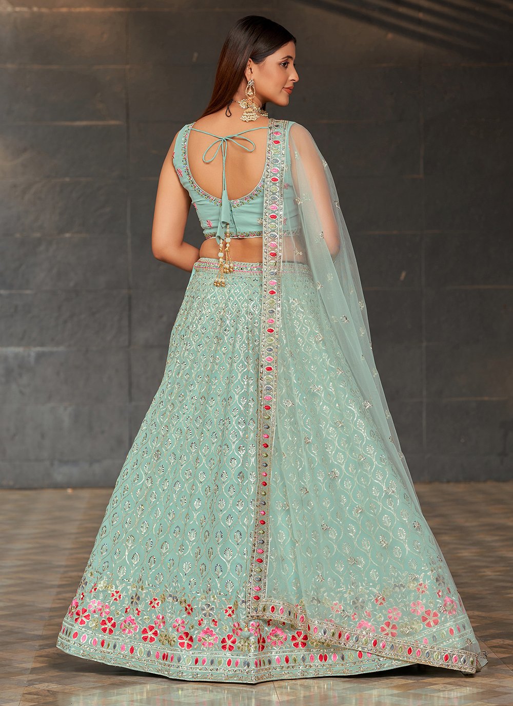Designer sky blue georgette lehenga with sequins zari mirror work