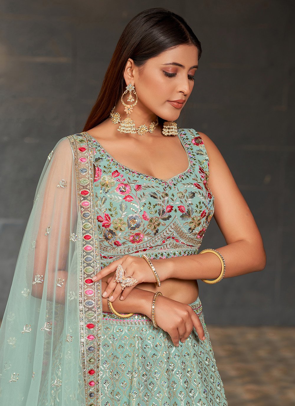 Designer sky blue georgette lehenga with sequins zari mirror work