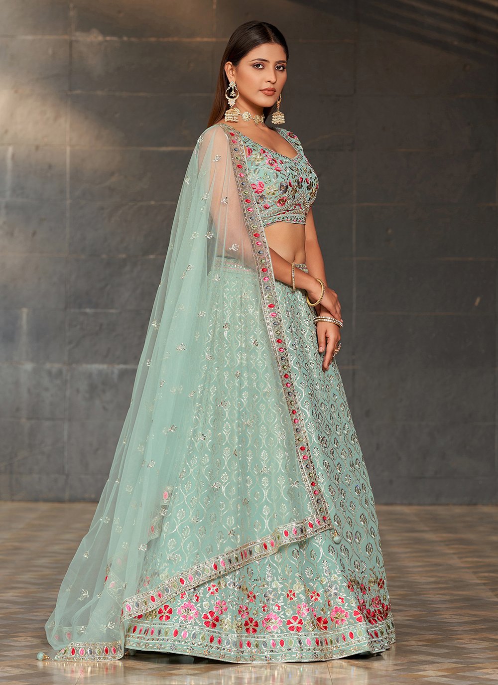 Designer sky blue georgette lehenga with sequins zari mirror work