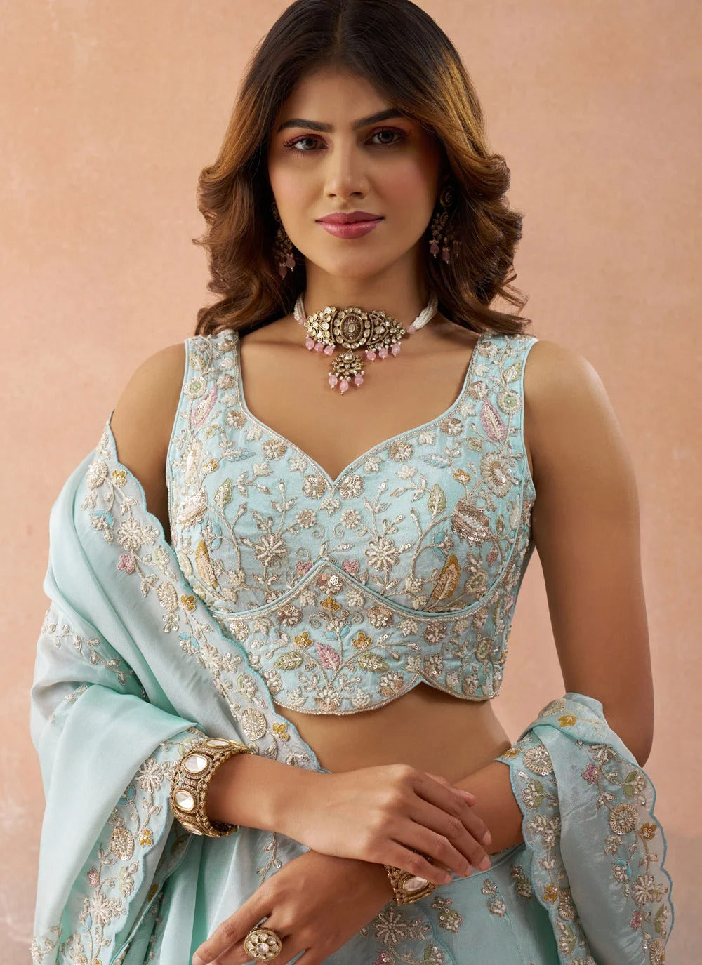Designer sky blue wedding lehenga with sequins embroidery