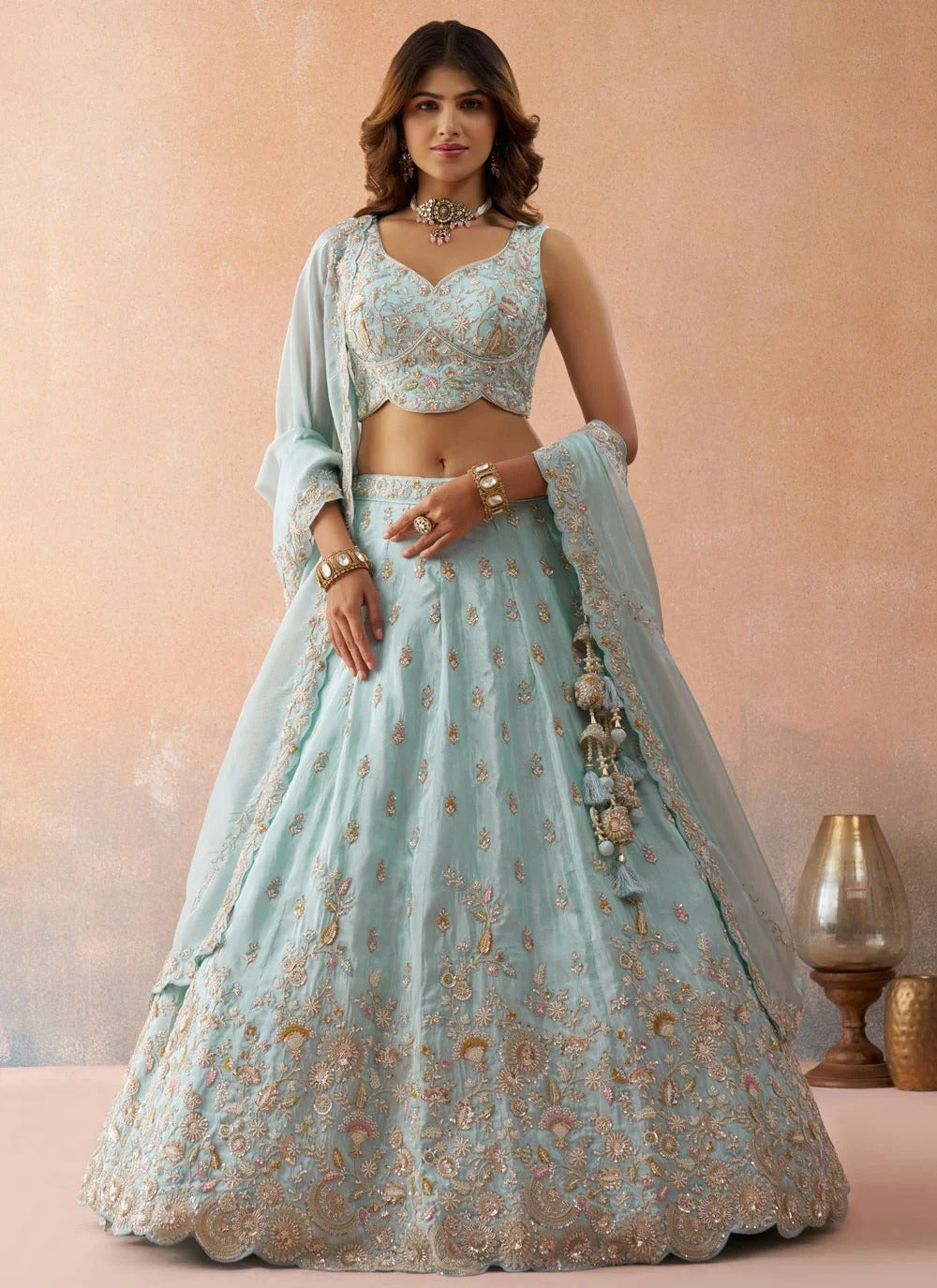 Designer sky blue wedding lehenga with sequins embroidery