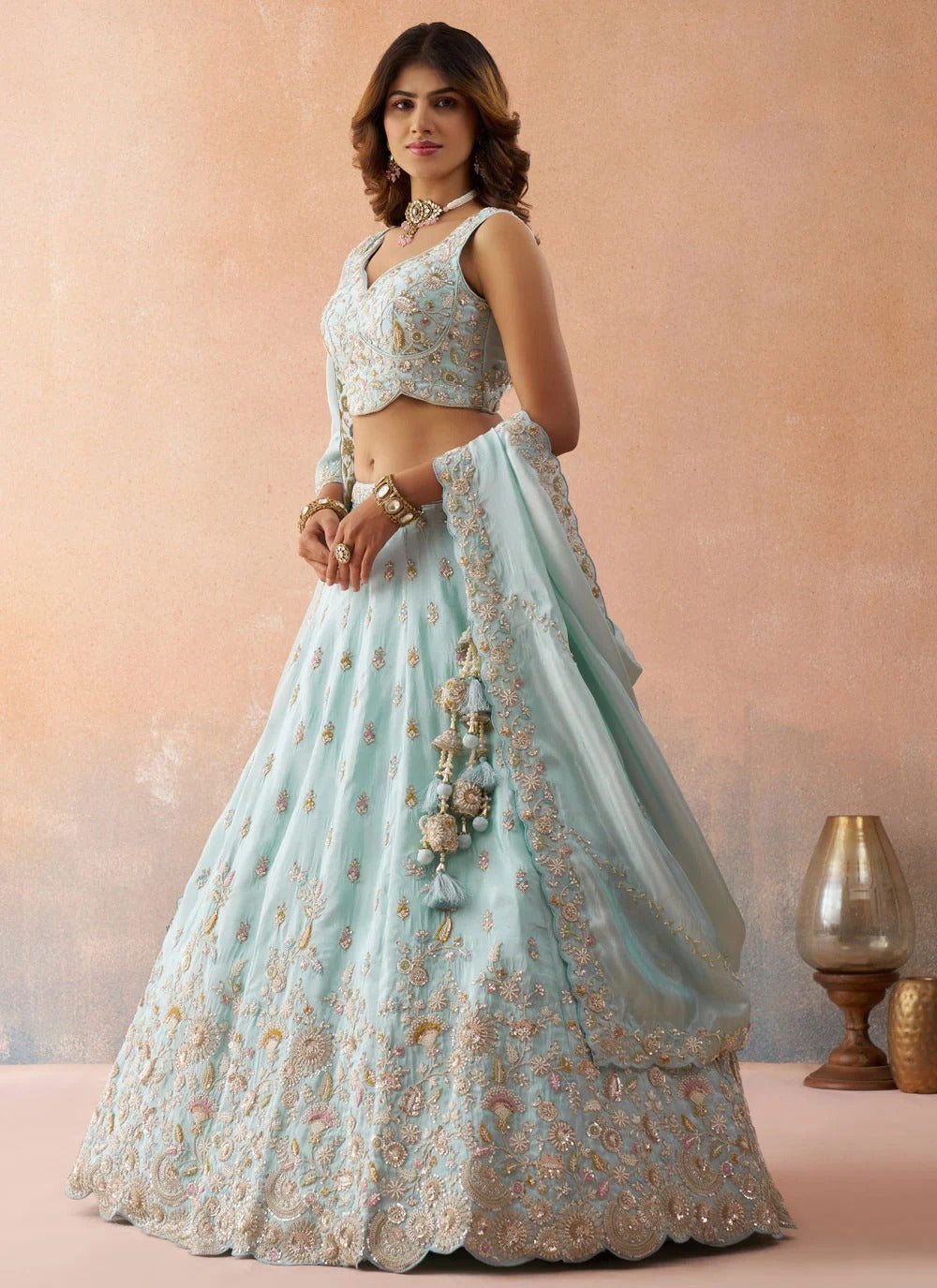 Designer sky blue wedding lehenga with sequins embroidery