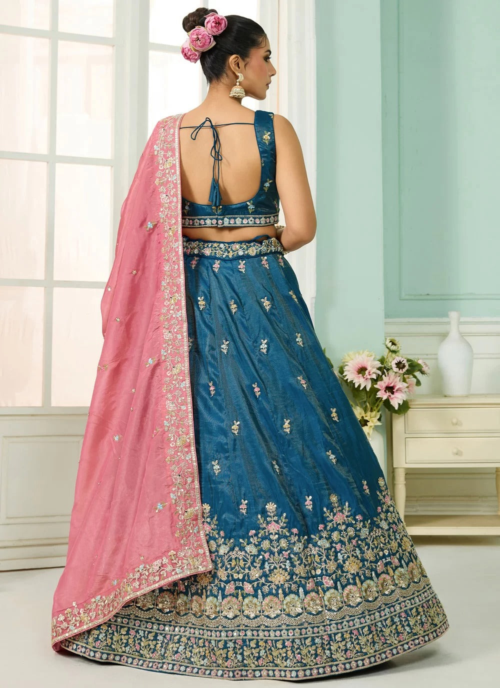 Majestic teal cosmos silk lehenga with sequin beads embroidery