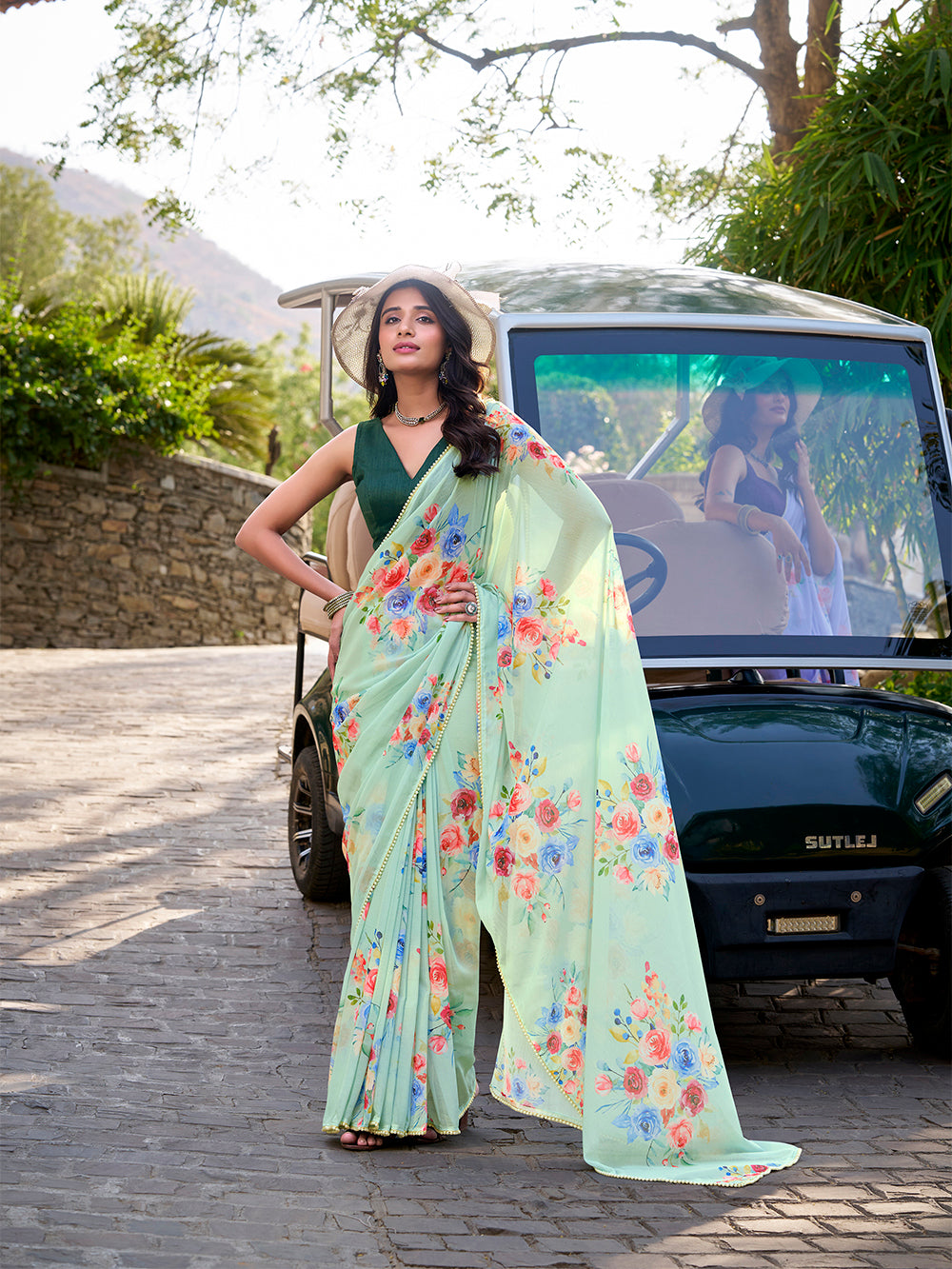 Pista floral printed weightless marbal saree with pearl lace border
