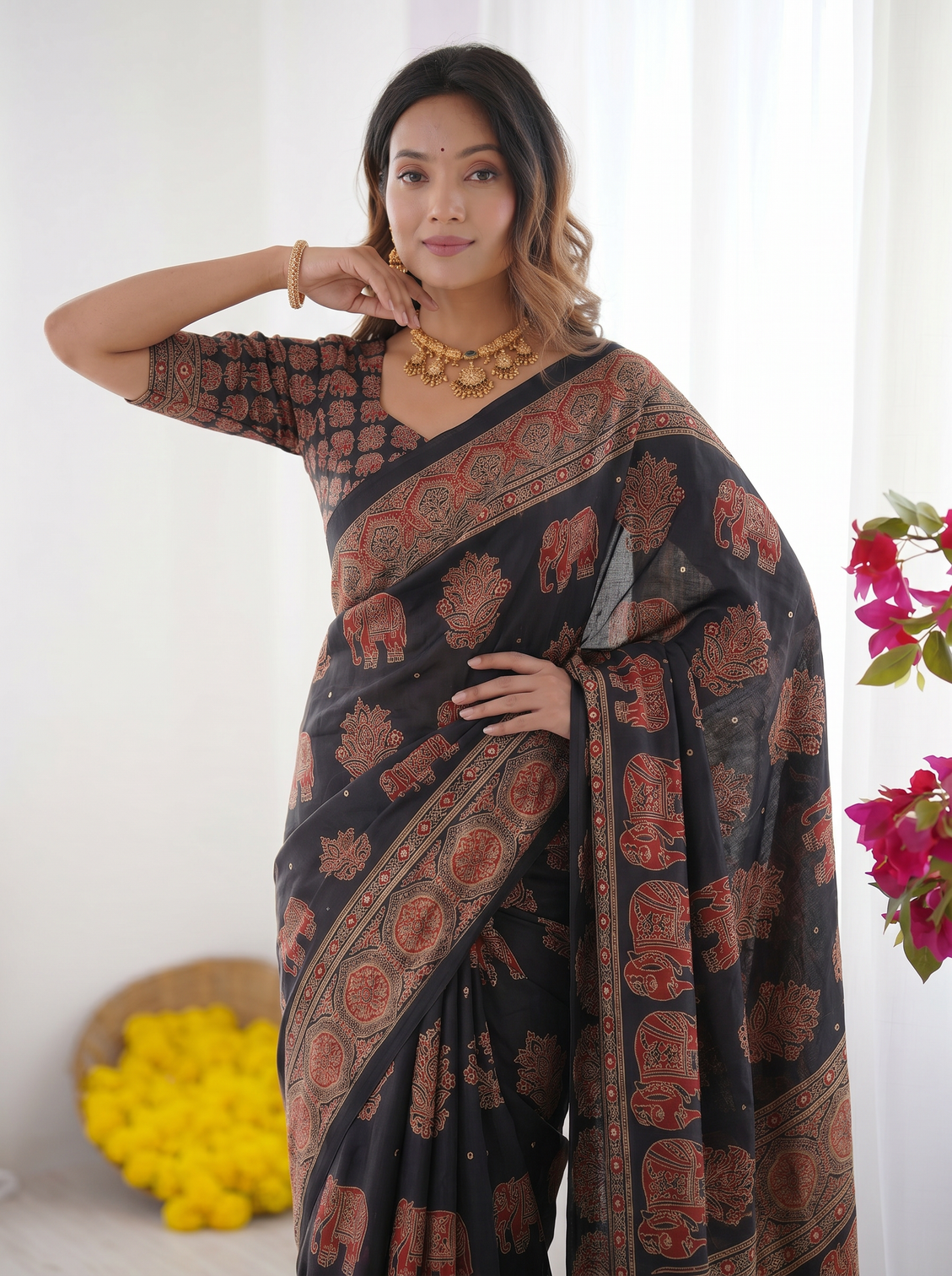 Black modal silk saree with elephant motif ajrakh print heritage designer pallu traditional festive wear saree