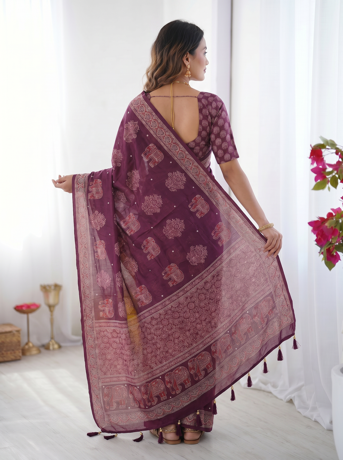 Plum purple modal silk saree with elephant motif print heritage designer pallu traditional festive wear saree