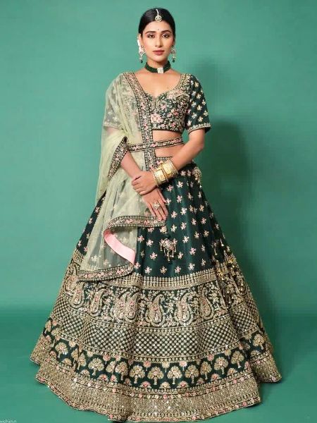 Diamond Satin Silk Green Lehenga Choli Dupatta Set - Exquisite Sequin & Embroidery Work