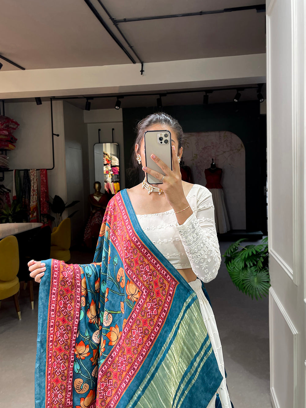 White Color Lucknowi Paper Mirror Work Georgette lehenga Choli