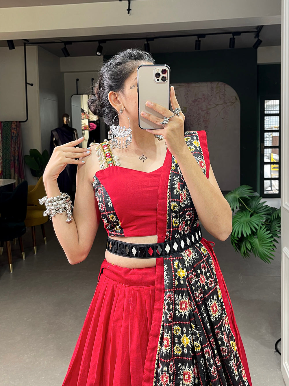 Red Color Patola Print With Paper Mirror Work Ghaghra Choli