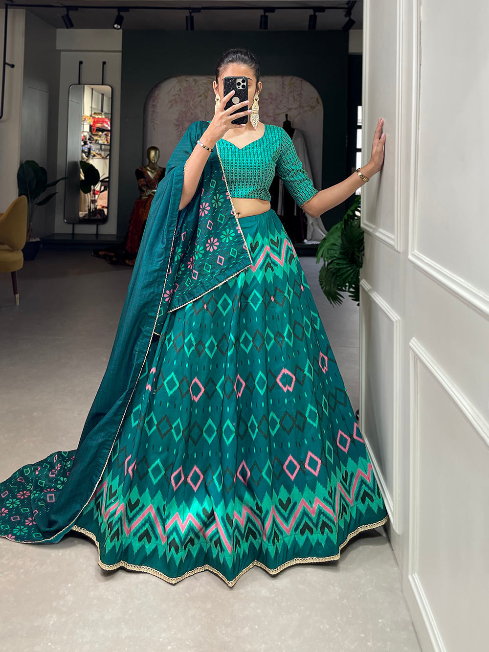Teal Color Printed With Lace Border Vaishali Silk Indian Wedding Lehenga Choli