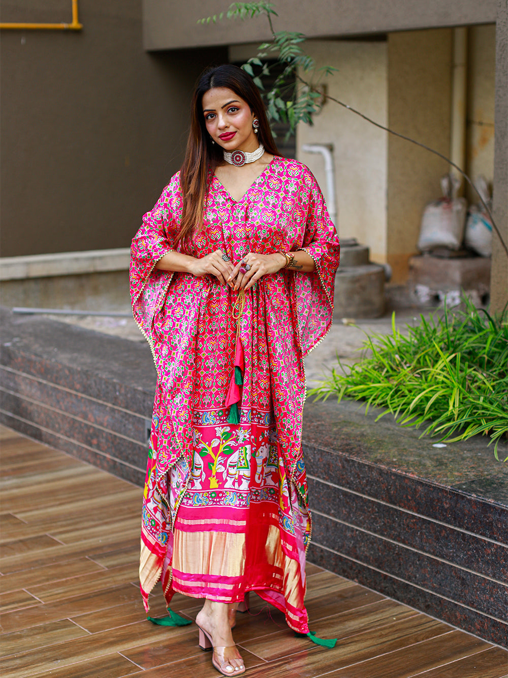 Pink Color Bandhej Digital Print Pure Gaji Silk Kaftan