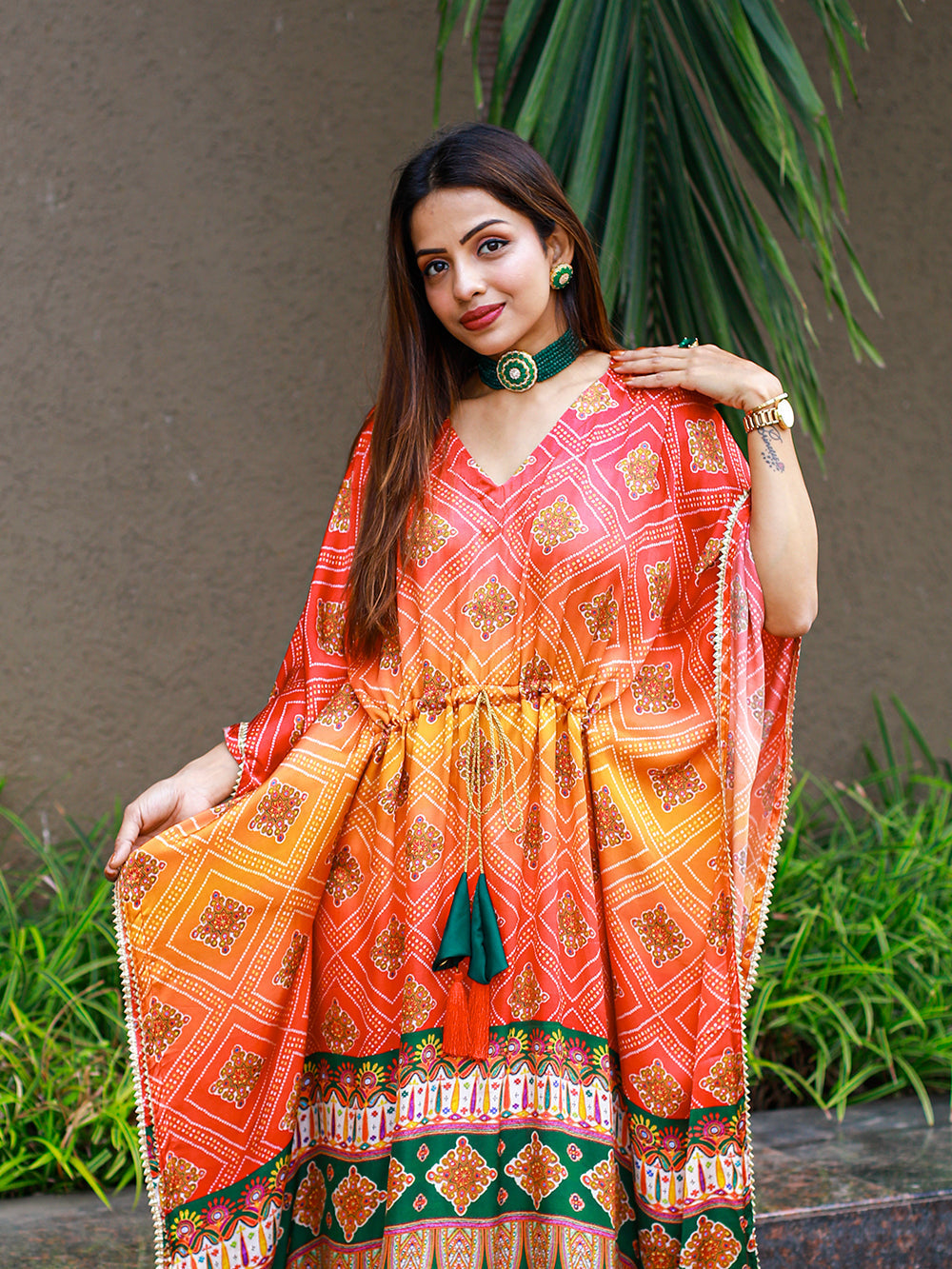 Multi Color Bandhej Digital Print Pure Gaji Silk Kaftan