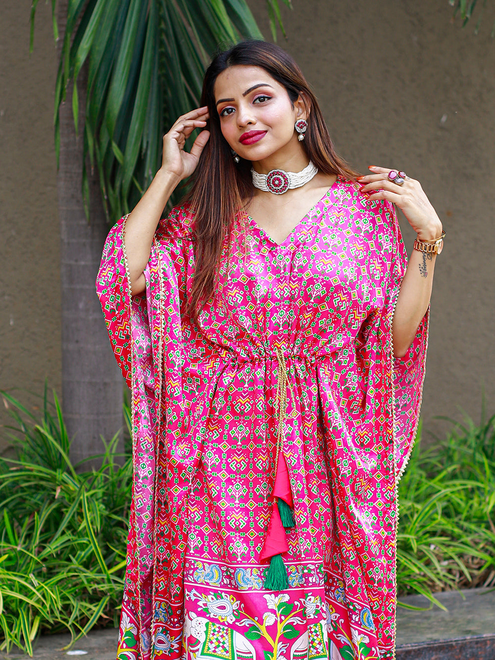 Pink Color Bandhej Digital Print Pure Gaji Silk Kaftan